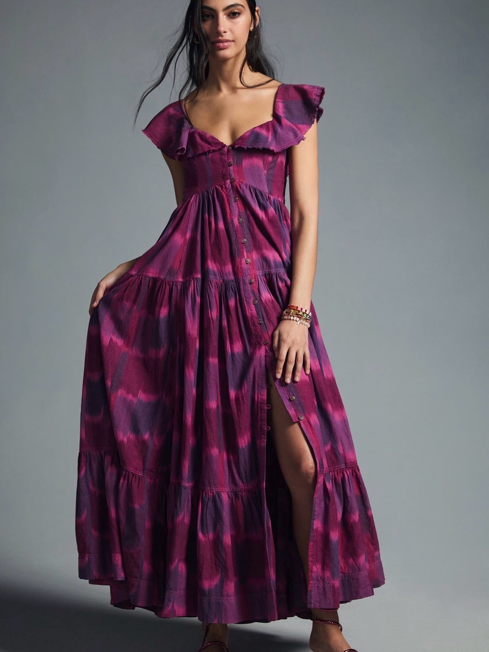Anthropologie Pilcro Magenta Tie-Dye Maxi Dress with Ruffle Neckline